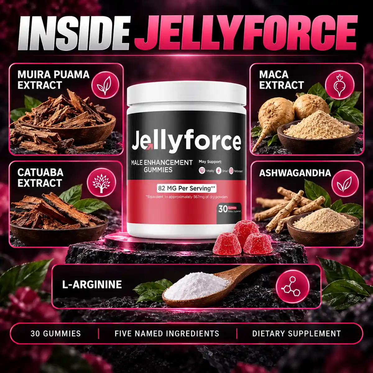 The seller's INSIDE JELLYFORCE graphic, which shows five of the nine panel ingredients around the bottle