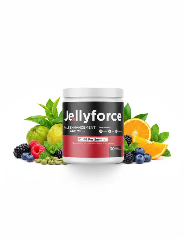 A single Jelly Force bottle photographed among berries, citrus and herbs