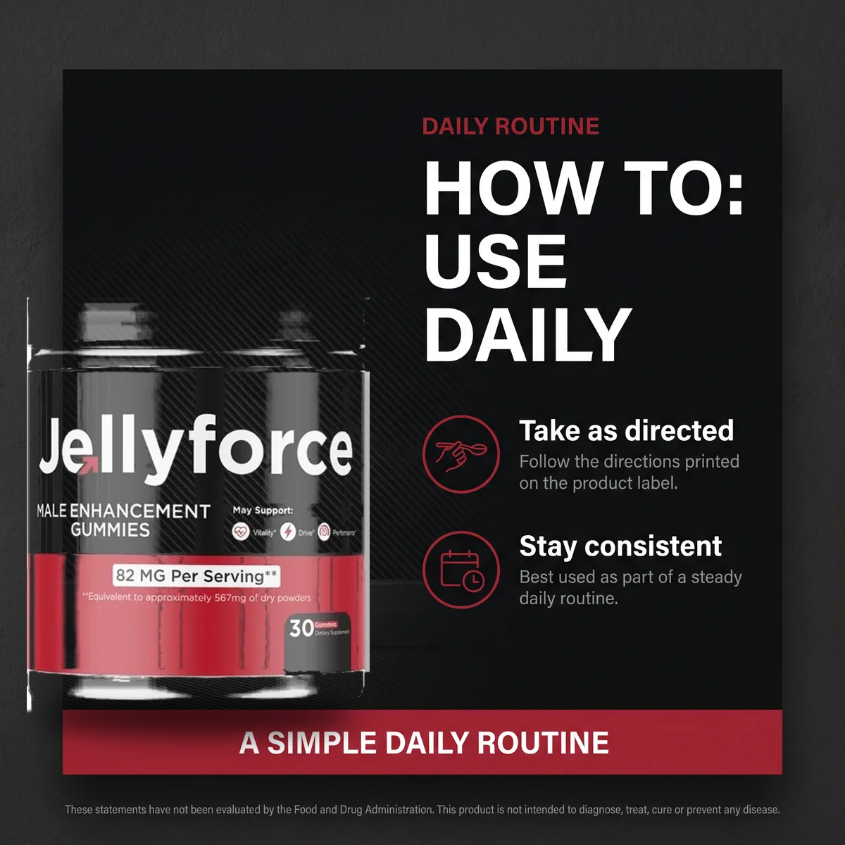 The Jelly Force listing graphic headed How To Use Daily, with take as directed and stay consistent