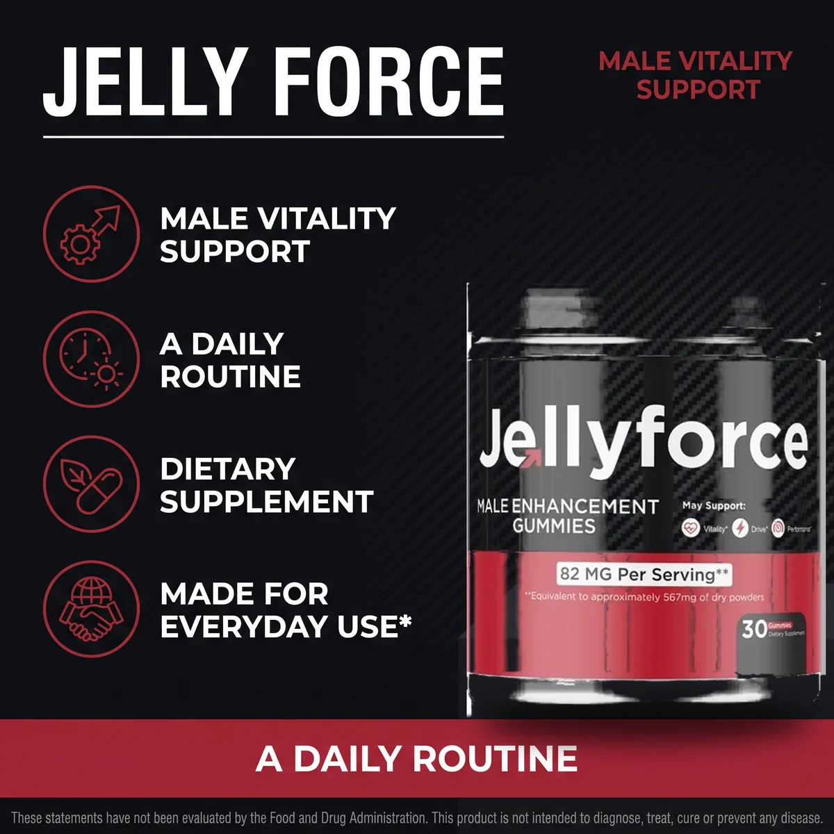 The Jelly Force listing graphic naming male vitality support, a daily routine, dietary supplement and made for everyday use