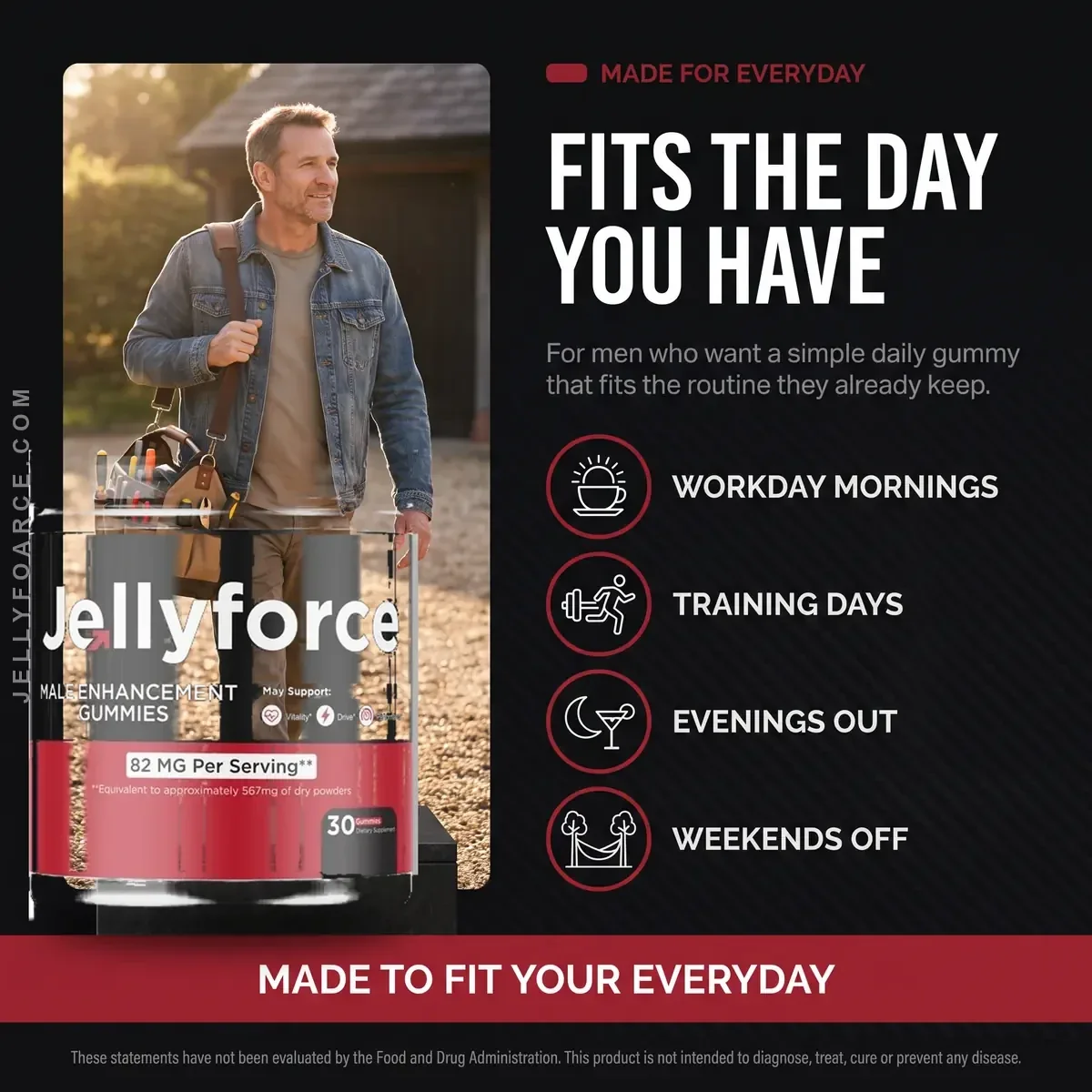 The Jelly Force listing graphic showing a man carrying a tool bag, headed Fits The Day You Have