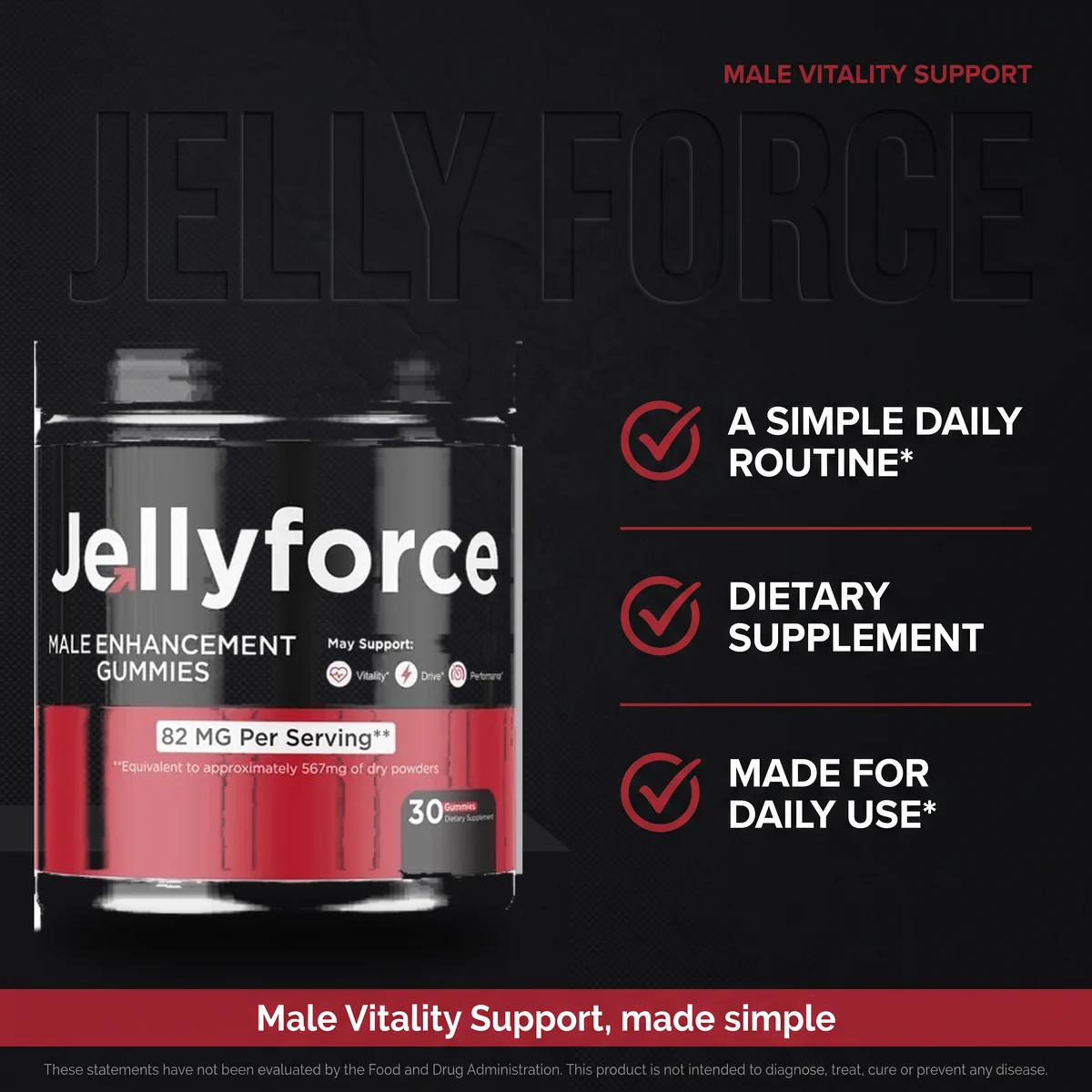 The Jelly Force listing graphic headed Male Vitality Support, made simple, with a simple daily routine, dietary supplement and made for daily use